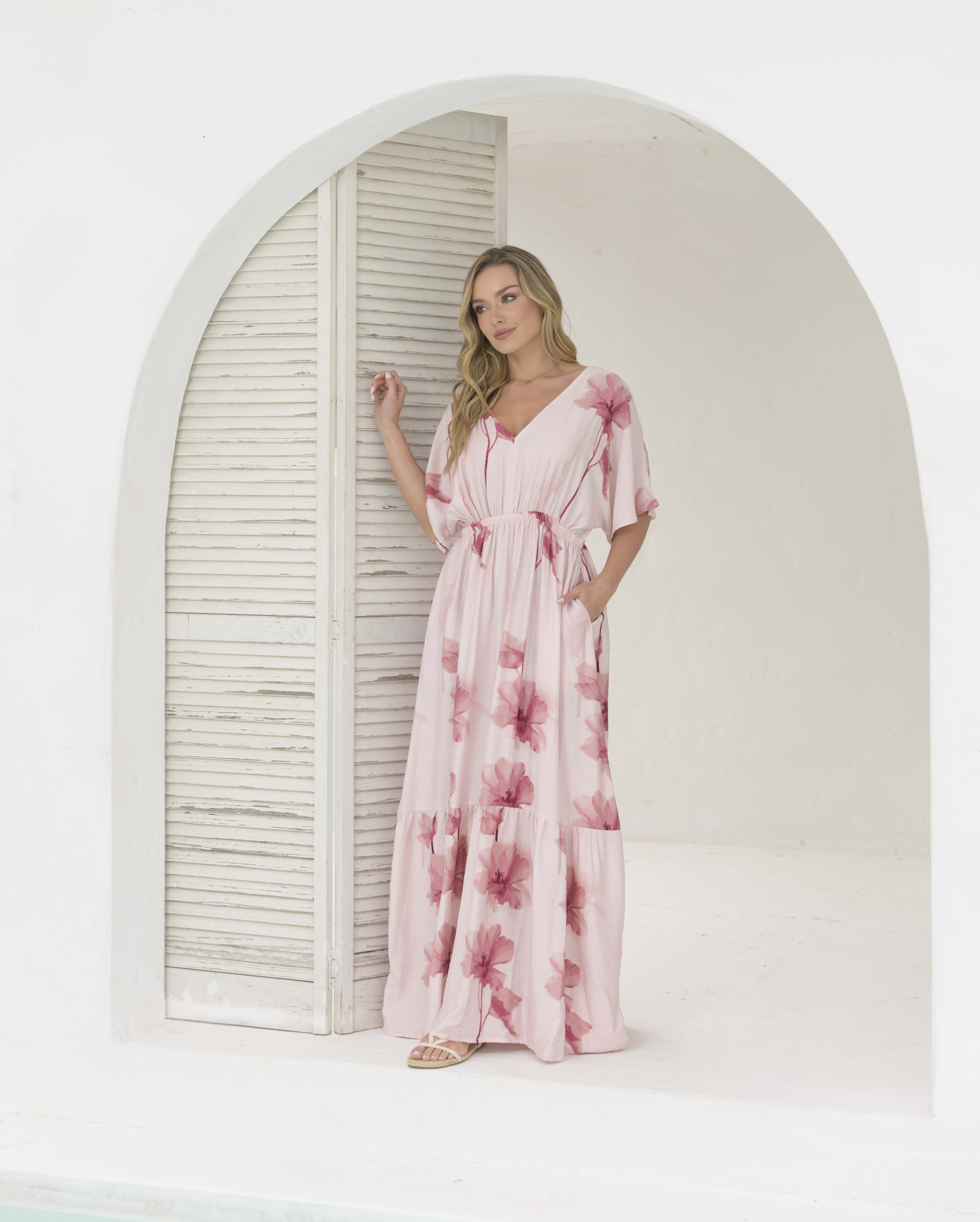 Vestido Elodia Flores Rosa