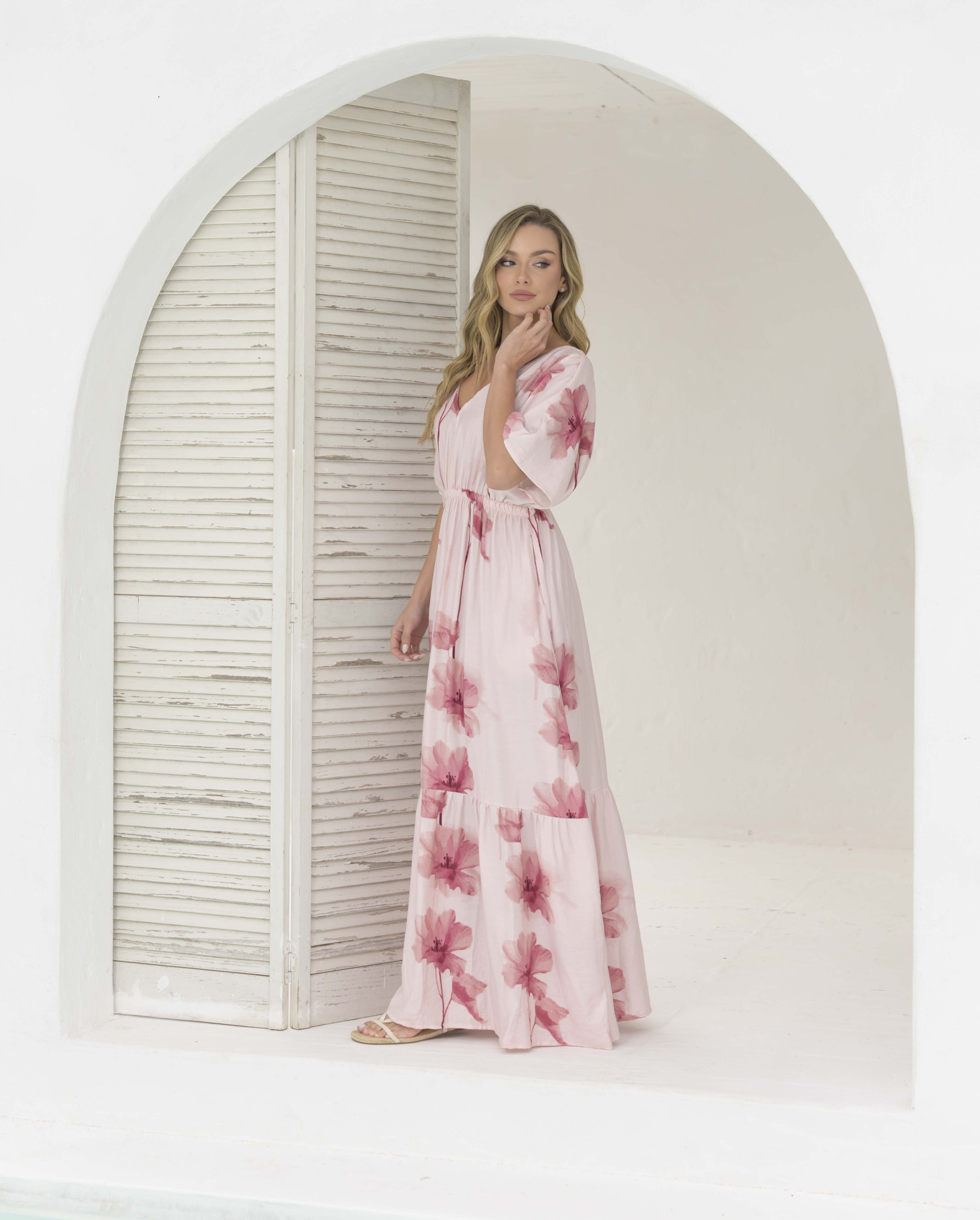 Vestido Elodia Flores Rosa