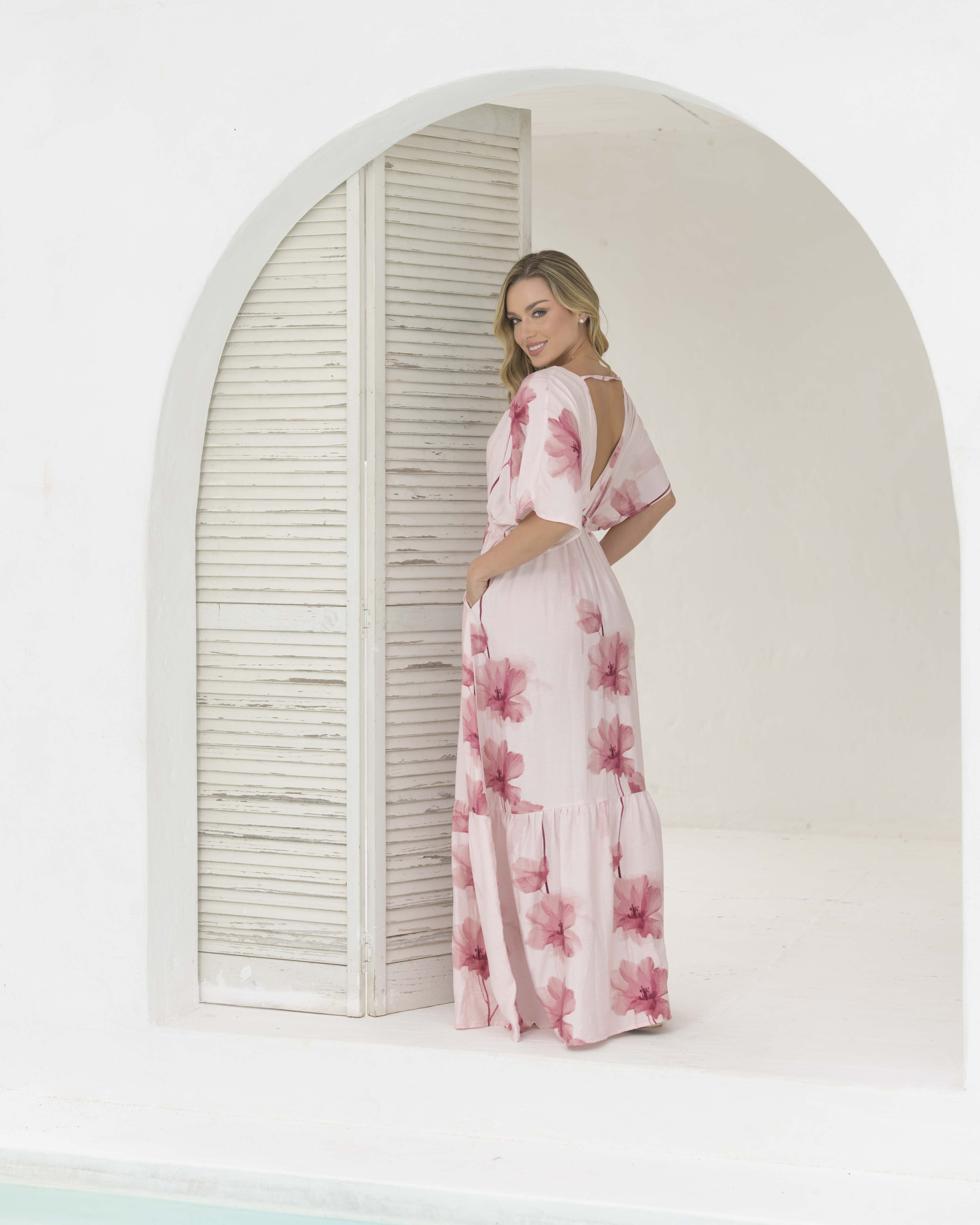Vestido Elodia Flores Rosa